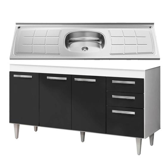 Imagem de Balcão Gabinete Lis com Pia Inox 150cm 4 Portas Branco/Preto - Mpozenato