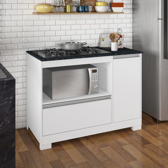 Imagem de Balcão Gabinete Para Cooktop Com Tampo Nicho Microondas 1 Porta 1 Gaveta Cozinha Branco e Preto