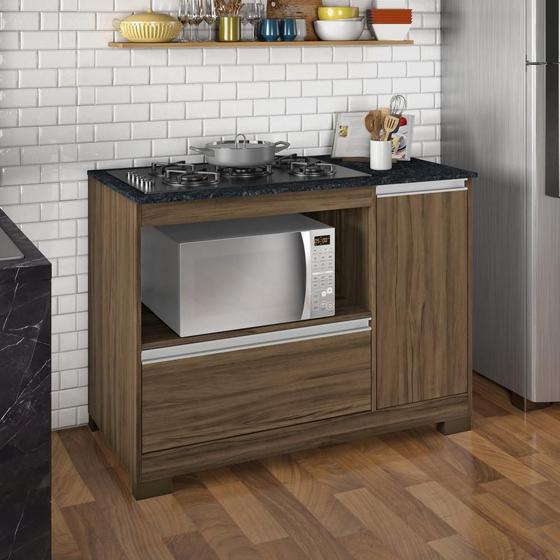 Imagem de Balcão Gabinete Para Cooktop Com Tampo Nicho Microondas 1 Porta 1 Gaveta Cozinha Marrom e Preto