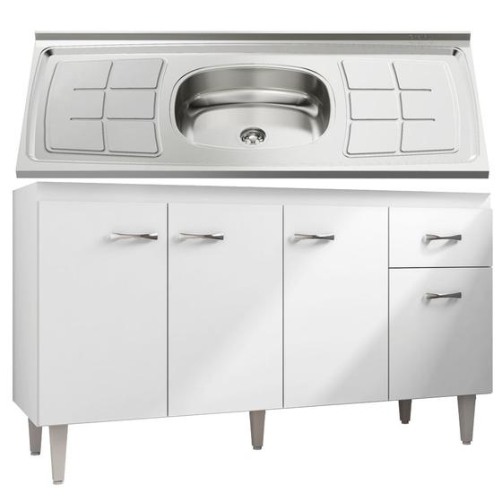 Imagem de Balcão Gabinete Pia Inox 150cm Gabriela 4 Portas Branco/Preto - AJL Móveis