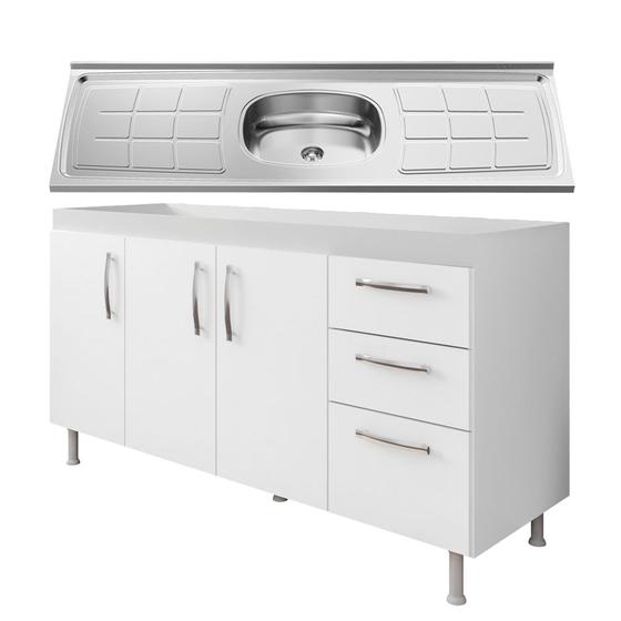 Imagem de Balcão Gabinete Pia Inox 160cm Nathan 3 Portas Branco - Nathy Móveis