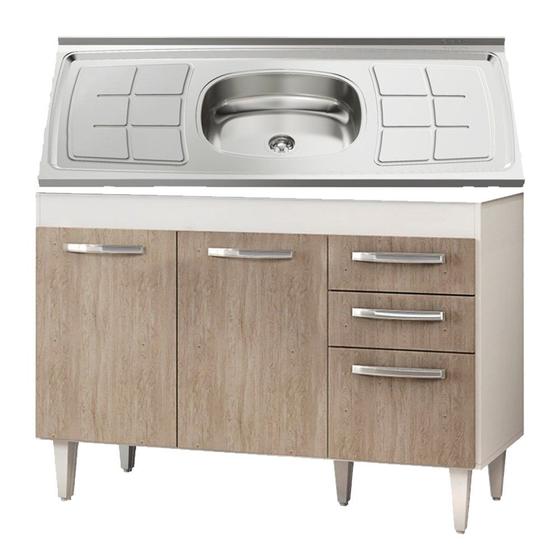 Imagem de Balcão Gabinete Suécia com Pia Inox 120cm 3 Portas Branco/Castanho - Lumil Móveis