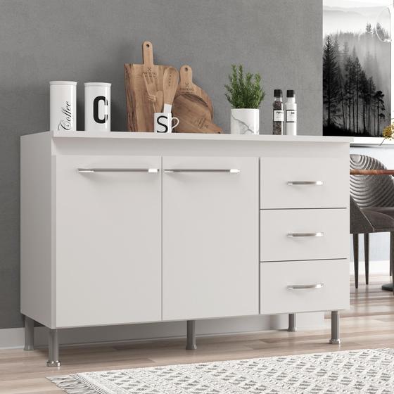 Balcão Modulado para Cozinha Com Tampo Fidelitá Viena 120cm 2 Portas 3 Gavetas Branco Menor preço em Balcão Modulado para Cozinha Com Tampo Fidelitá Viena 120cm 2 Portas 3 Gavetas Branco