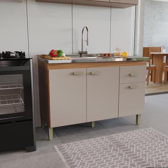 Imagem de Balcão Modulado Para Cozinha Sem Tampo Fidelitá Mariana 120cm 3 Portas 1 Gaveta Freijó/Camurça