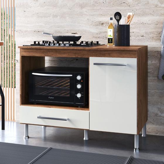 Imagem de Balcão Modulado Para Forno E Cooktop 105 Cm 1 Porta 1 Gaveta Madrid Fidelitá Noce/Off-White