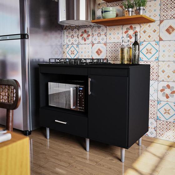 Imagem de Balcão Para Cooktop 1,05m 5 Bocas 1 Nicho Com 1 Porta E Gaveta Turim Preto