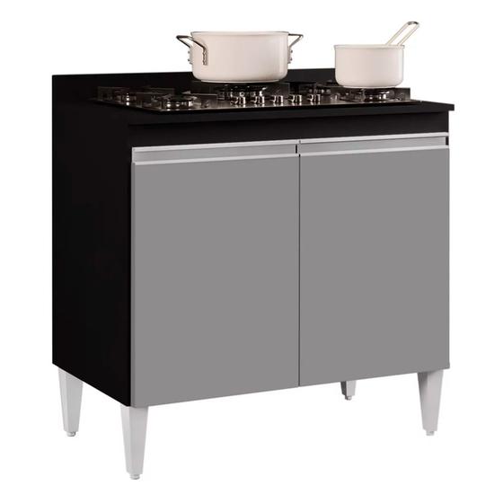 Imagem de Balcão para Cooktop de Cozinha com Tampo 2 Portas Brenda Preto e Cinza 80,5 cm - D'Rossi