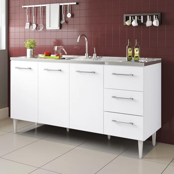 Balcão Para Pia 03 Portas E 03 Gavetas 160 Cm Milla Branco bymadero mobilia Menor preço em Balcão Para Pia 03 Portas E 03 Gavetas 160 Cm Milla Branco bymadero mobilia