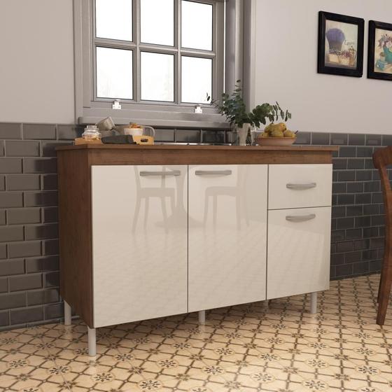 Imagem de Balcão Para Pia De 120 Cm Com Tampo Suiça Fidelitá Com 3 Portas 1 Gaveta Noce/Off-White