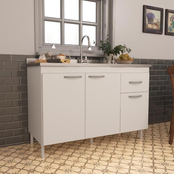 Imagem de Balcão Para Pia De 120 Cm Sem Tampo Suiça Fidelitá Com 3 Portas 1 Gaveta Branco