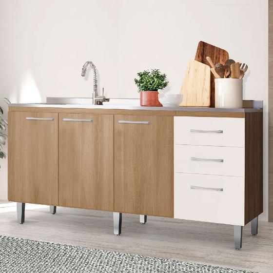 Balcão Pia de Cozinha Maisa 160 cm 3 Portas 3 Gavetas com Tampo Cor Mel ...