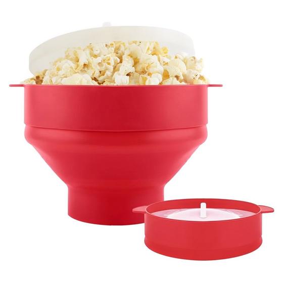 Imagem de Balde de Pipoca Silicone Antiaderente Dobrável Retrátil Baldinho Reutilizável c/ Tampa Redonda Pipoqueira Sem Óleo p/ Microondas
