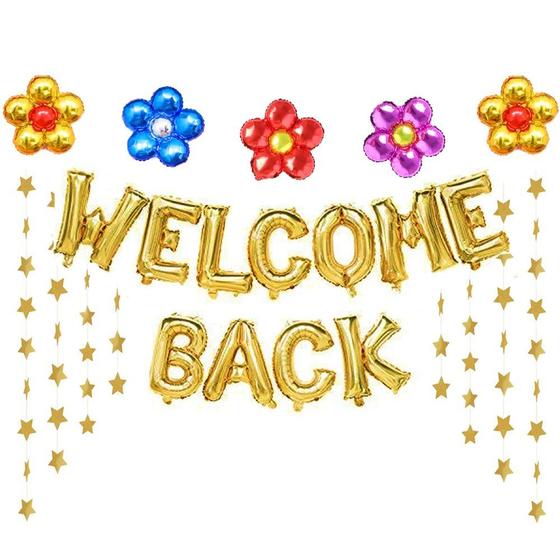 Imagem de Balões Dourados "Welcome Back" com Faixas de Estrelas - Kit para Festa