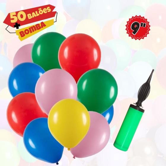 Imagem de Balões Látex 9 Polegadas C/50unds + Bomba Para Encher Balão, Balão Bexiga Para Decoração De Festas E Eventos