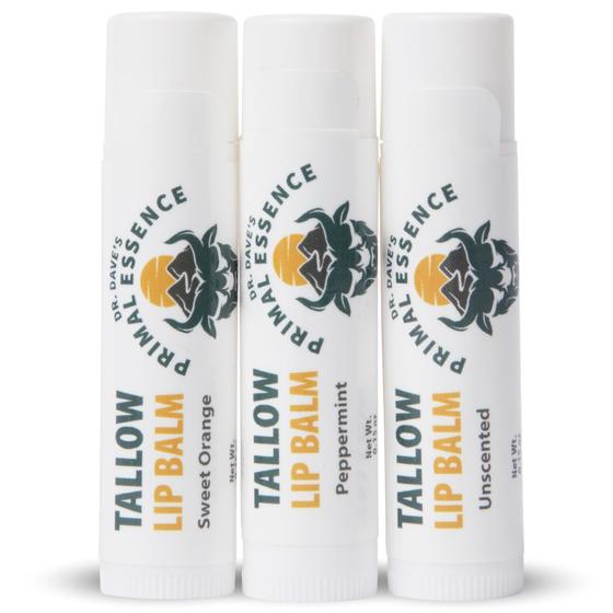 Imagem de Bálsamo labial hidratante de sebo Dr. Dave's Primal Essence  sebo bovino alimentado com capim nutritivo e calmante com óleo de coco orgânico, cera de abelha e vitamina E  Pacote variado de protetor labial  pacote com 3