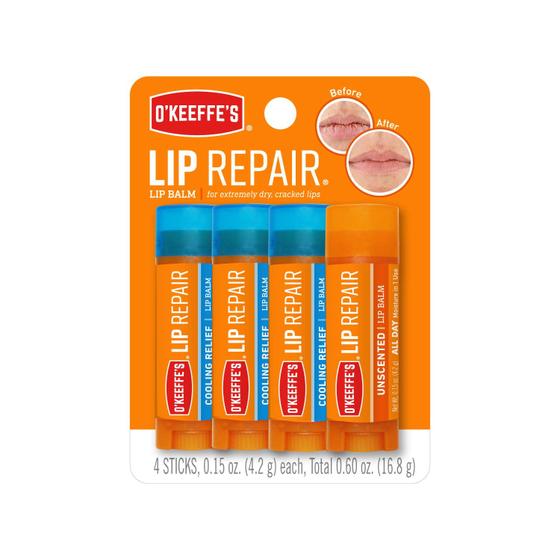 Bálsamo Labial O'Keeffe's - Reparação para Lábios Secos e Ressecados (Pack com 4: 3 Refrescantes + 1 Sem Fragrância) Imagem de Bálsamo Labial O'Keeffe's - Reparação para Lábios Secos e Ressecados (Pack com 4: 3 Refrescantes + 1 Sem Fragrância)