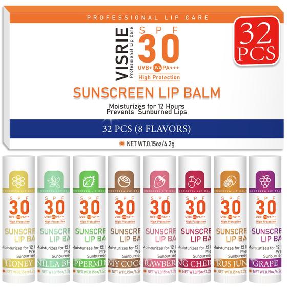 Imagem de Bálsamo labial VISRIE SPF 30 com protetor solar, pacote com 32 unidades, tamanho de viagem