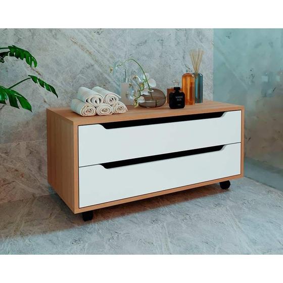 Imagem de Bancada de Banheiro c/ Rodizio BN3643 s/ Cuba c/ 2 Gavetas 80cm Amêndoa/Branco - Tecno Mobili