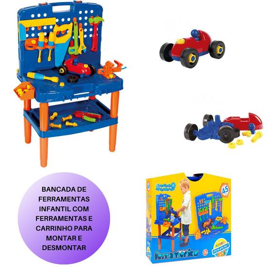 Bancada de Ferramentas Infantil com Carrinho Monta e Desmonta Poliplac Menor preço em Bancada de Ferramentas Infantil com Carrinho Monta e Desmonta Poliplac