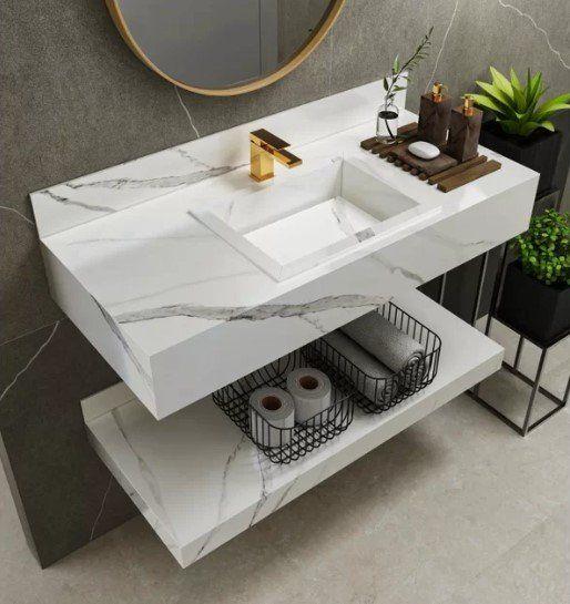 Bancada em Porcelanato para Banheiro Completa Alto Padrão 100cm Com Cuba Esculpida Branco Menor preço em Bancada em Porcelanato para Banheiro Completa Alto Padrão 100cm Com Cuba Esculpida Branco