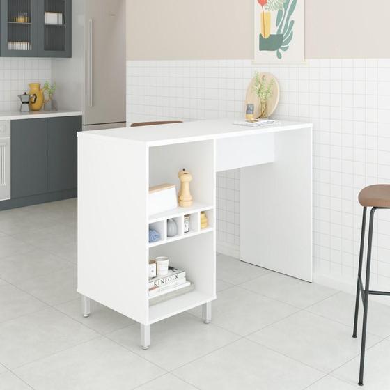 Bancada Gourmet Ilha Café Mesa Multiuso Cozinha Americana 1 Prateleira 4 Nichos 135 cm Branca Menor preço em Bancada Gourmet Ilha Café Mesa Multiuso Cozinha Americana 1 Prateleira 4 Nichos 135 cm Branca