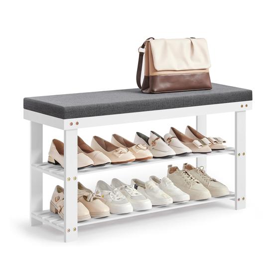 Imagem de Banco de sapatos SONGMICS Bamboo, rack de 3 camadas, branco/cinza, 300 libras