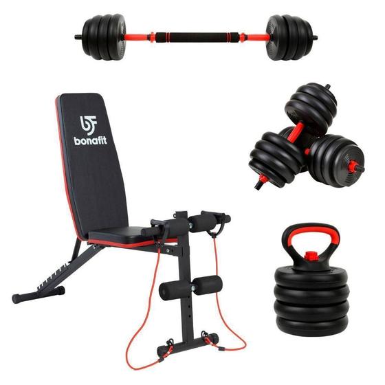 Imagem de Banco + Kit Halteres Barra Kettlebell Dumbell Pesos Até 20Kg