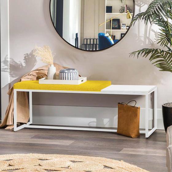 Imagem de Banco Recamier Puff London 140cm Industrial Branco Suede Amarelo Tampo Quadrado MDF Branco - Ahazzo Móveis