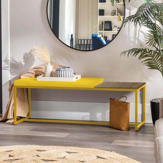 Imagem de Banco Recamier Puff London 140cm Industrial Dourado Suede Amarelo Tampo Quadrado MDF Carvalho - Ahazzo Móveis