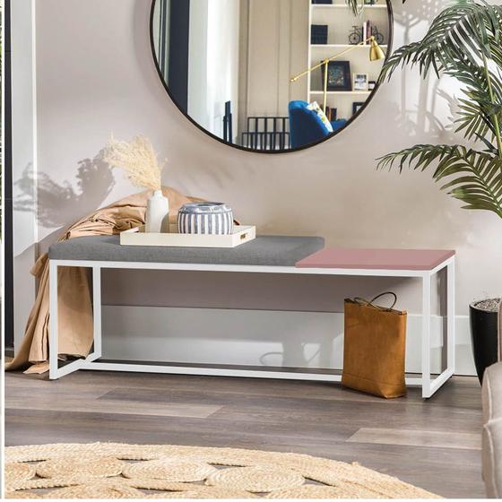 Imagem de Banco Recamier Puff London 160cm Industrial Branco material sintético Cinza Tampo Quadrado MDF Rose - Ahazzo Móveis