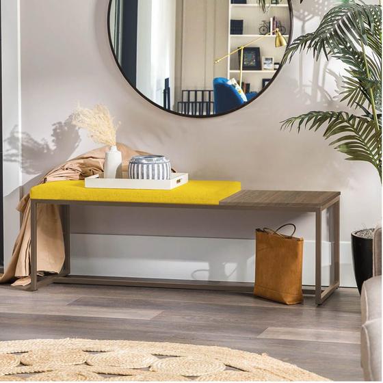 Imagem de Banco Recamier Puff London 160cm Industrial Marrom material sintético Amarelo Tampo Quadrado MDF Carvalho - Ahazzo Móveis