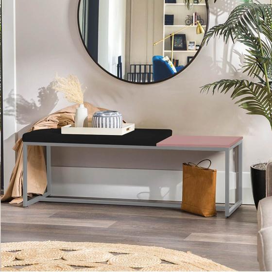 Imagem de Banco Recamier Puff London 160cm Industrial Prata Suede Preto Tampo Quadrado MDF Rose - Ahazzo Móveis