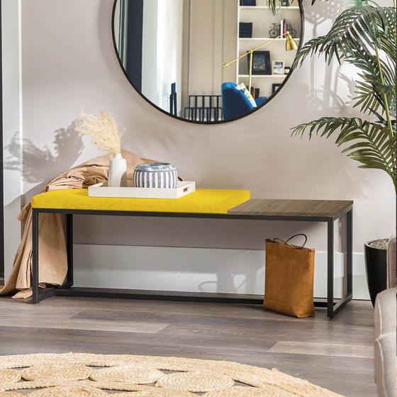 Imagem de Banco Recamier Puff London 160cm Industrial Preto Suede Amarelo Tampo Quadrado MDF Caramelo - Ahazzo Móveis