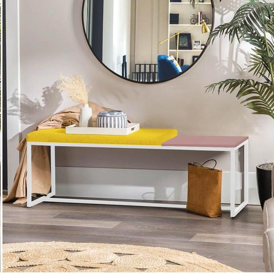 Imagem de Banco Recamier Puff London 195cm Industrial Branco Sintético Amarelo Tampo Quadrado MDF Rose - Ahazzo Móveis