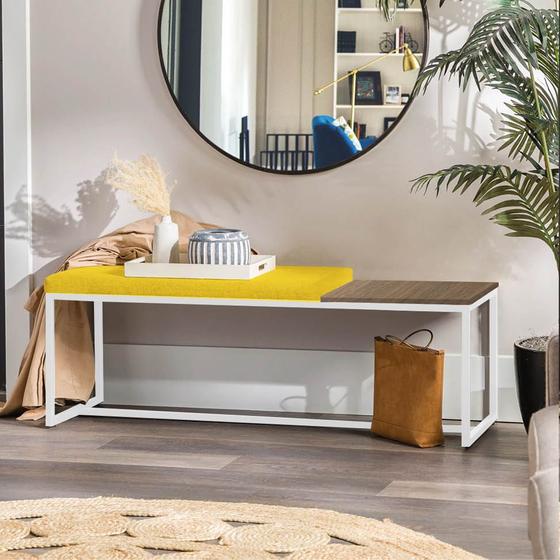 Imagem de Banco Recamier Puff London 195cm Industrial Branco Sintético Amarelo Tampo Quadrado MDF Rústico - Ahazzo Móveis