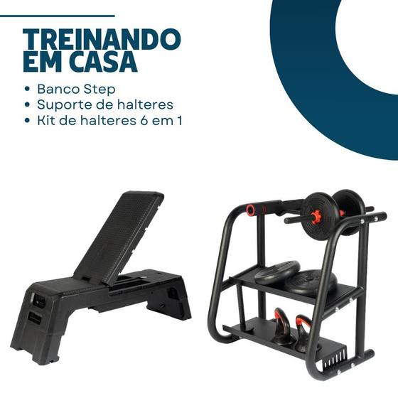 Imagem de Banco Step + Suporte de Halteres + Kit de Halteres 50kg Preto Ahead