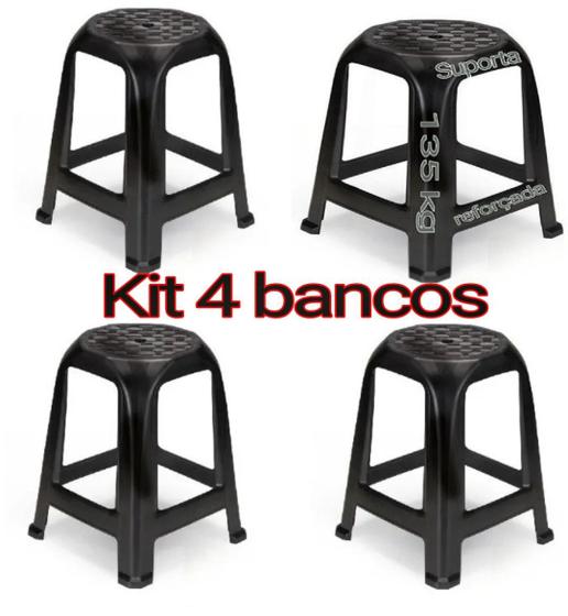 Imagem de Bancos Plásticos Kit com 4  Preto Banqueta Banquinho Cadeira Suportam 135kg