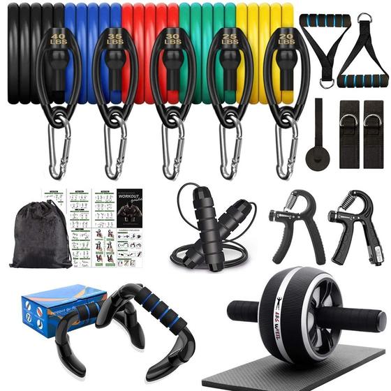 Imagem de Bandas de resistência Set Workout Bands,8-em-1 Ab Wheel Roller Kit com joelheira,Push Up Bars,Hand Grip Strengthener,Jump Rope,Home Gym Workout Exercise Equipment for Men Women