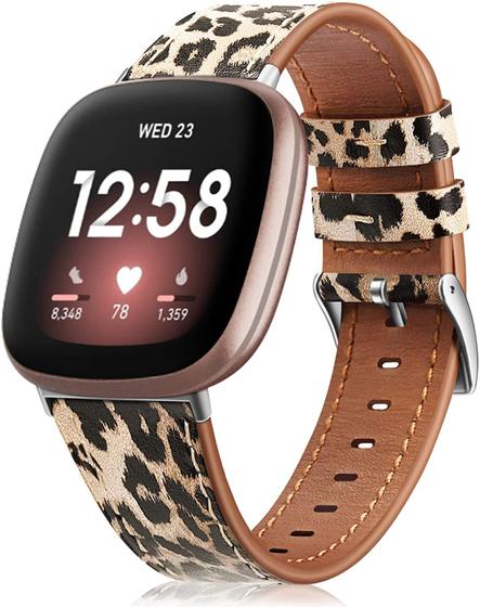 Imagem de Bandas Fintie Compatíveis com Fitbit Versa 3 / Fitbit Sense, Acessórios de substituição de banda de couro genuínos pulseira strap, leopardo clássico