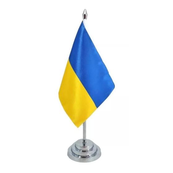 Imagem de Bandeira Mesa Dupla Face Ucrânia Mastro 29 Cm Alt Cetim