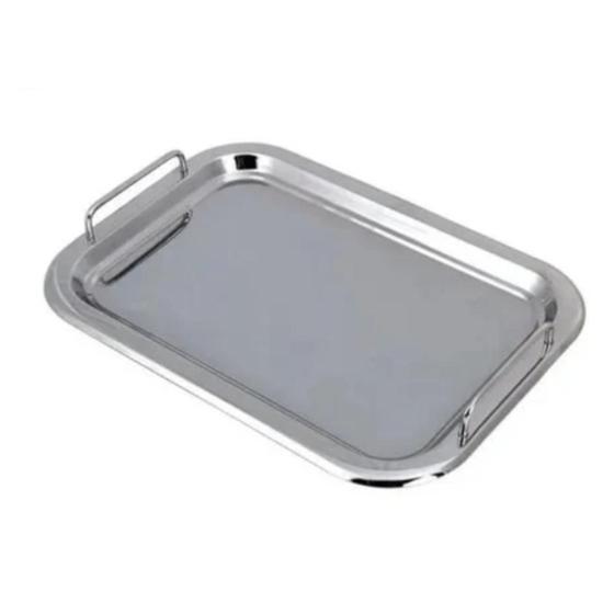 Imagem de Bandeja de Aço Inox Média com Alça Travessa para Servir Café Retangular Inoxidável 33 x 23,5cm