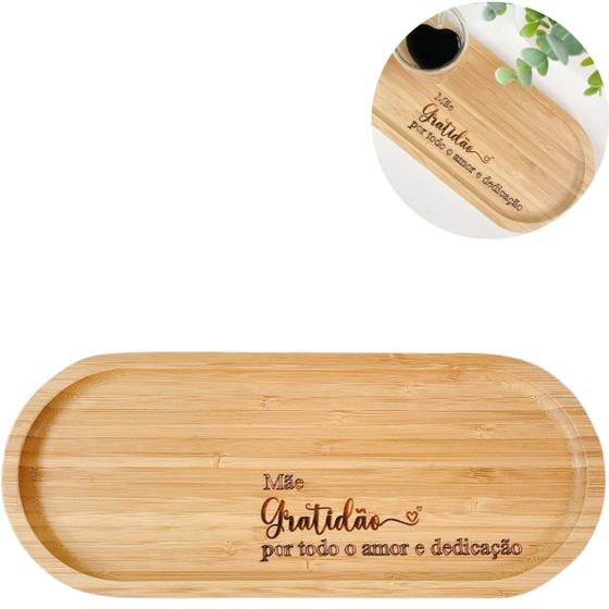 Imagem de Bandeja de Bambu Oval Personalizada Mãe Gratidão Amor e Dedicação 34x14cm