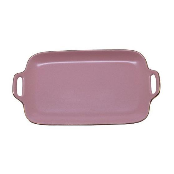Imagem de Bandeja De Cerâmica Retangular Com Alça E Borda Dourada 29,5 x 16 x 2cm
