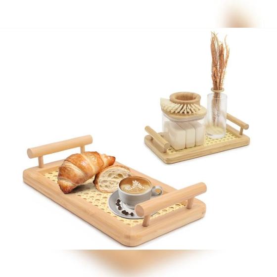 Imagem de Bandeja de Madeira Bambu Palha C/ Alça Servir Café Decoração