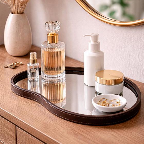 Bandeja Decorativa Espelhada Vidro Couro Redondo Oval Orgânico Mesa Sala Lavabo Hall