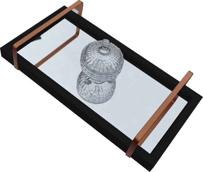 Bandeja Decorativa Preta Com Espelho e Alça Cobre Menor preço em Bandeja Decorativa Preta Com Espelho e Alça Cobre