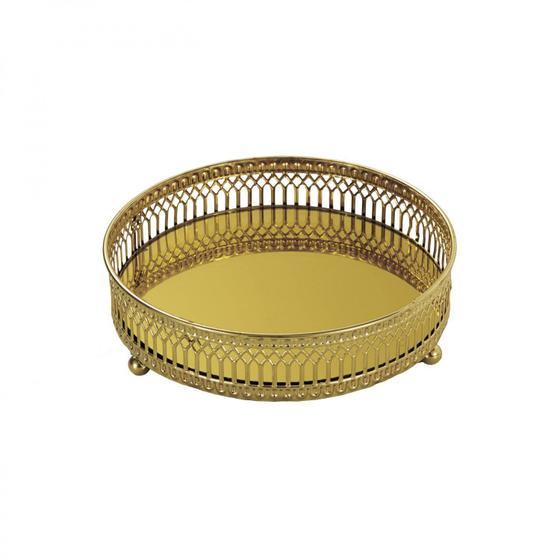 Imagem de Bandeja Decorativa Redonda de Metal com Espelho 15cm Mart Collection Dourado