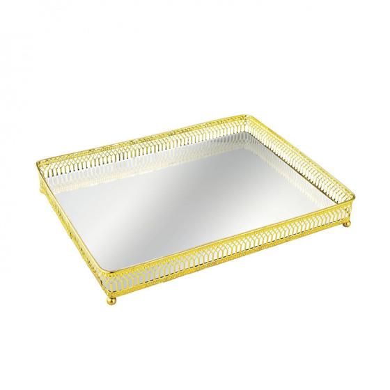 Imagem de Bandeja Decorativa Retangular de Metal com Espelho 26,5cmx19cm Mart Collection Dourado