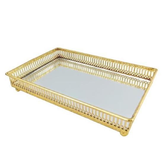 Imagem de Bandeja Dourada 4X25X16Cm Com Espelho Em Metal Retangular