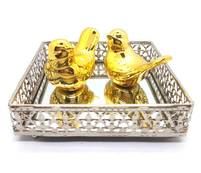 Imagem de Bandeja Espelhada Decorativa Prata Casal Pássaros Gold 12cm